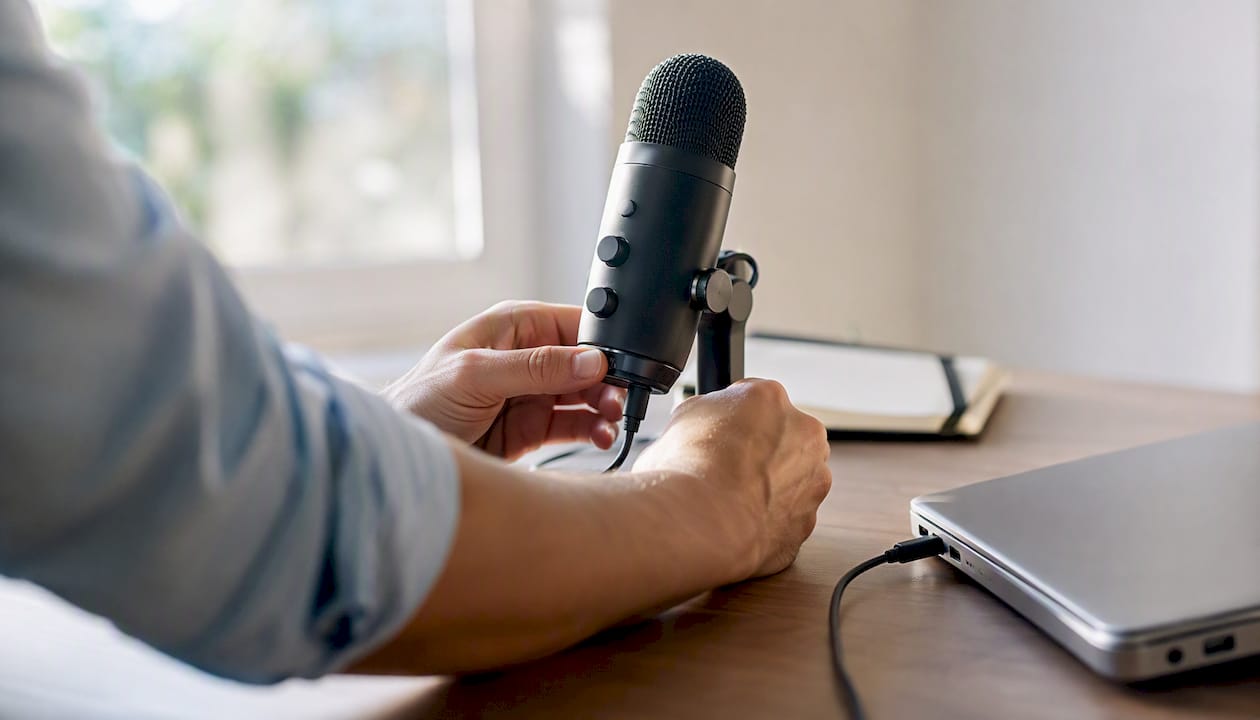 Persona preparando el equipo para transcribir audio