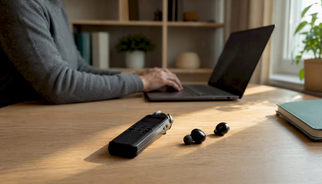 Audio recorder and earbuds on desk