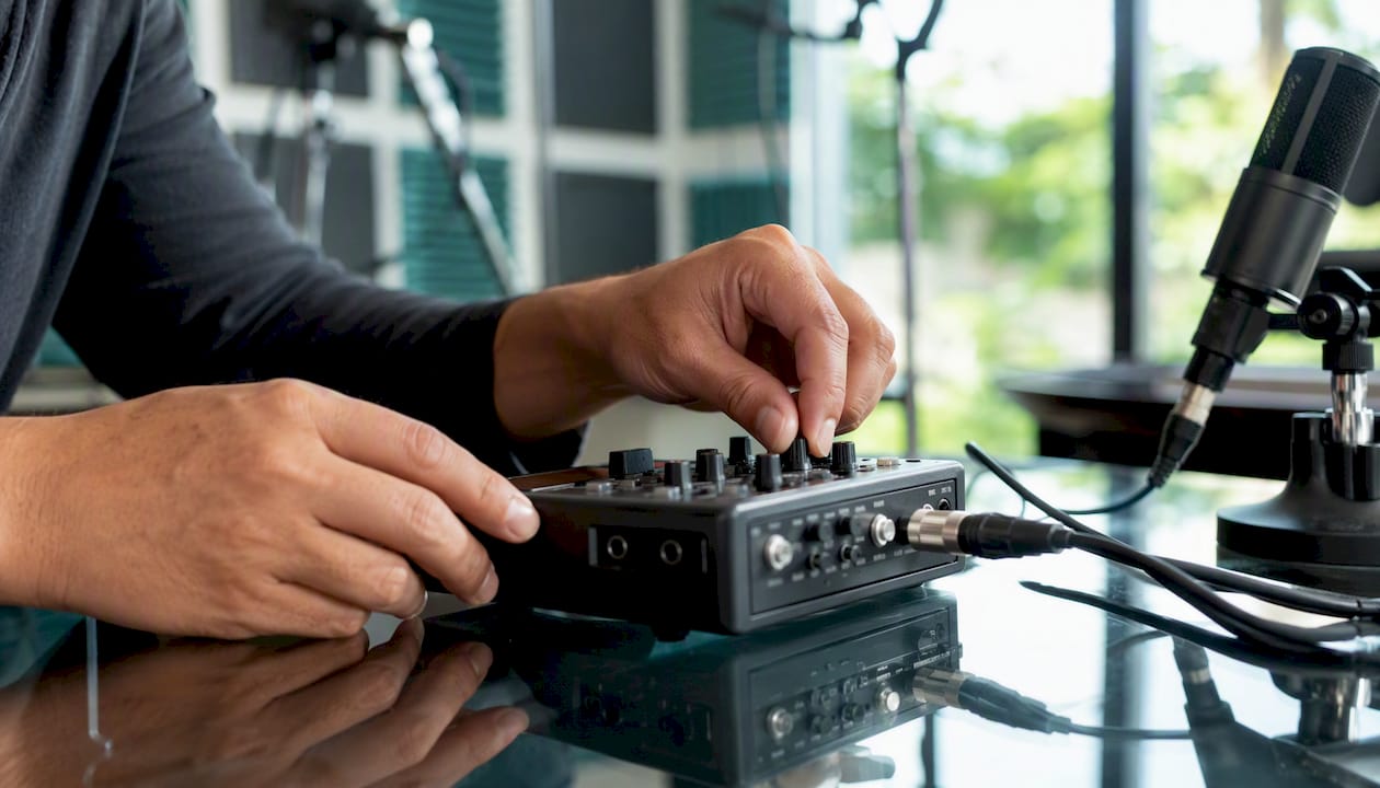 Hands adjusting audio recorder settings