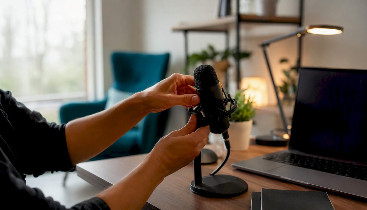 Hands adjusting podcast microphone during recording setup