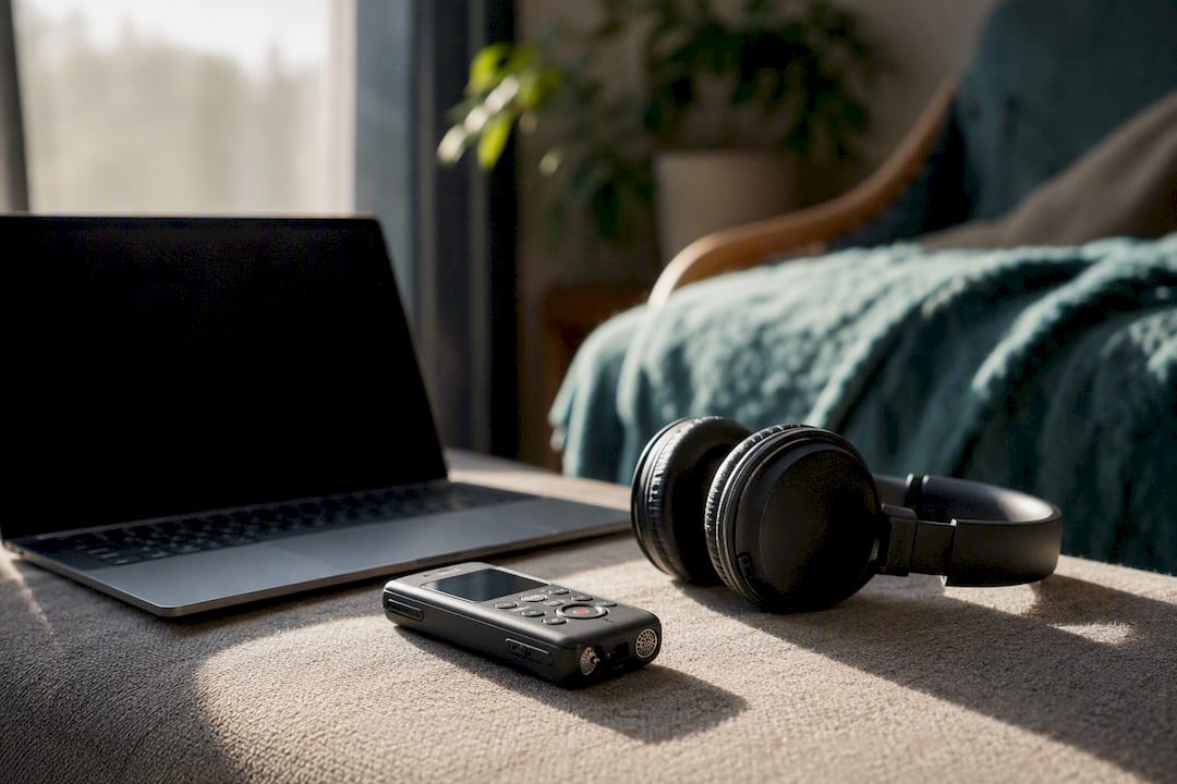 Voice recorder and headphones on desk