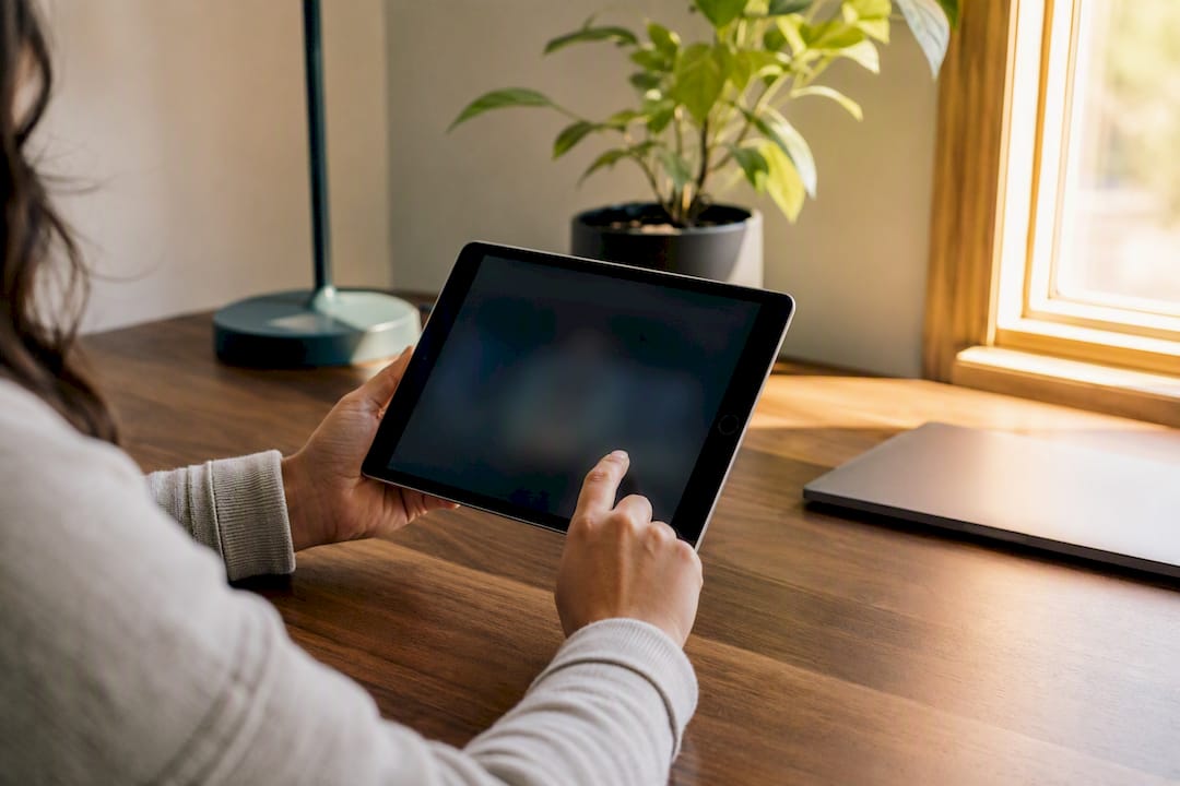 Hands poised to review transcript on tablet