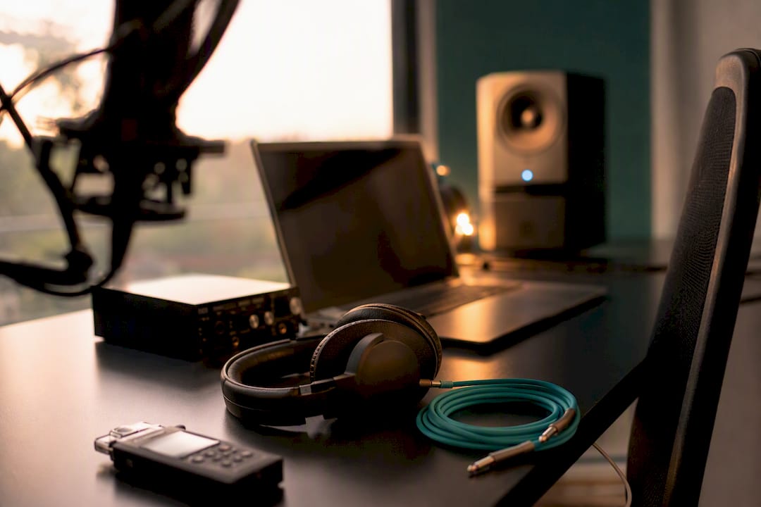Headphones and audio recording desk setup