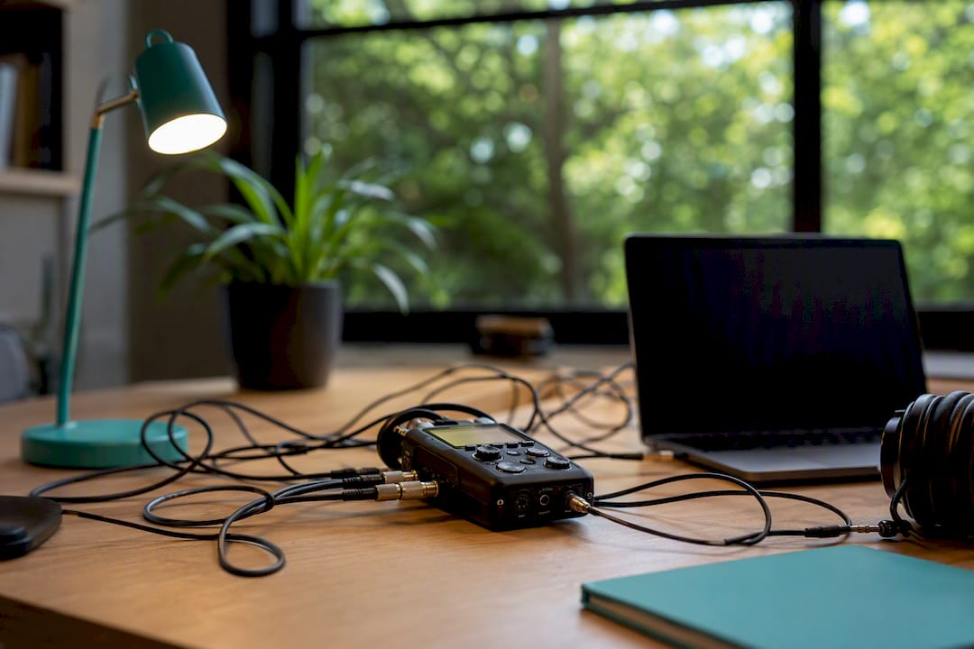 Close-up audio recorder and cables on modern desk