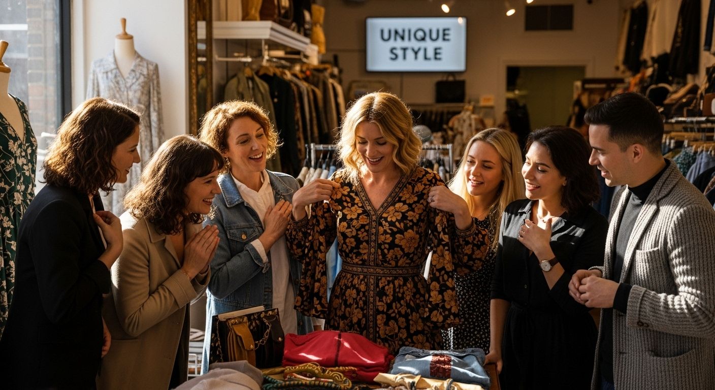 Seven people in a clothing store admire a floral dress. The mood is joyful. Background shows clothes and a sign reading "UNIQUE STYLE."