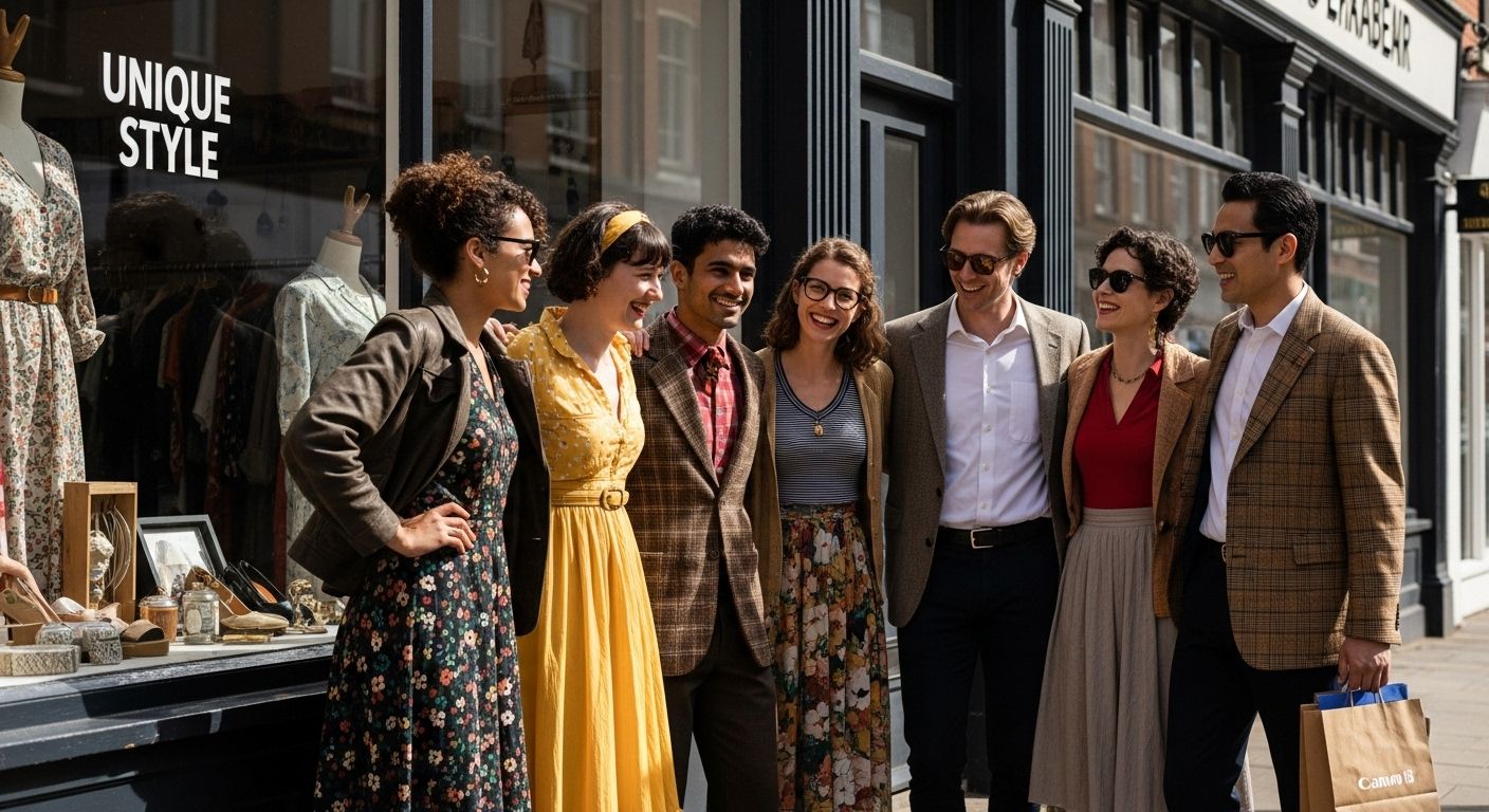 A group of six people smiling in front of a clothing store with "UNIQUE STYLE" on the window. They're dressed in vintage attire.