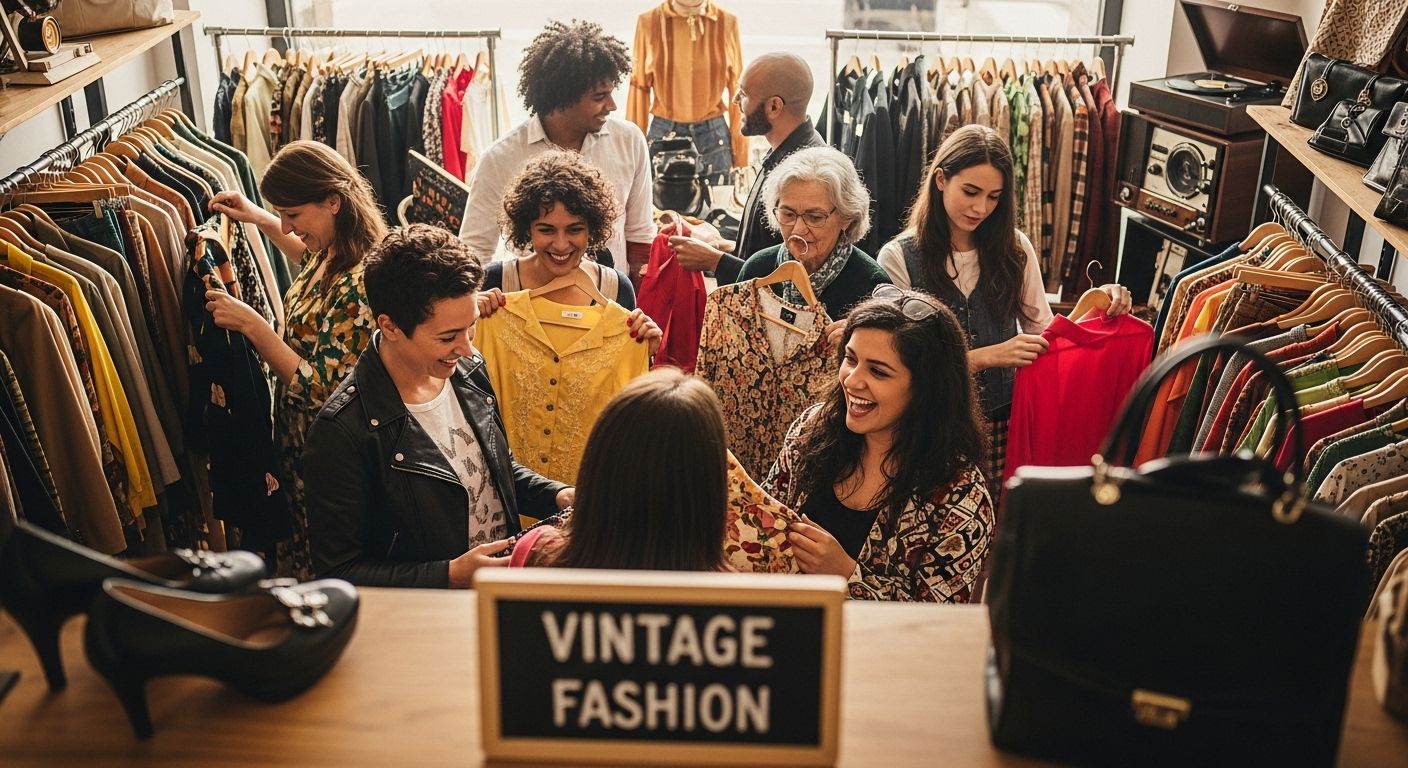People shopping in a lively vintage clothing store, smiling and holding colorful garments. A sign reads "VINTAGE FASHION" in the foreground.