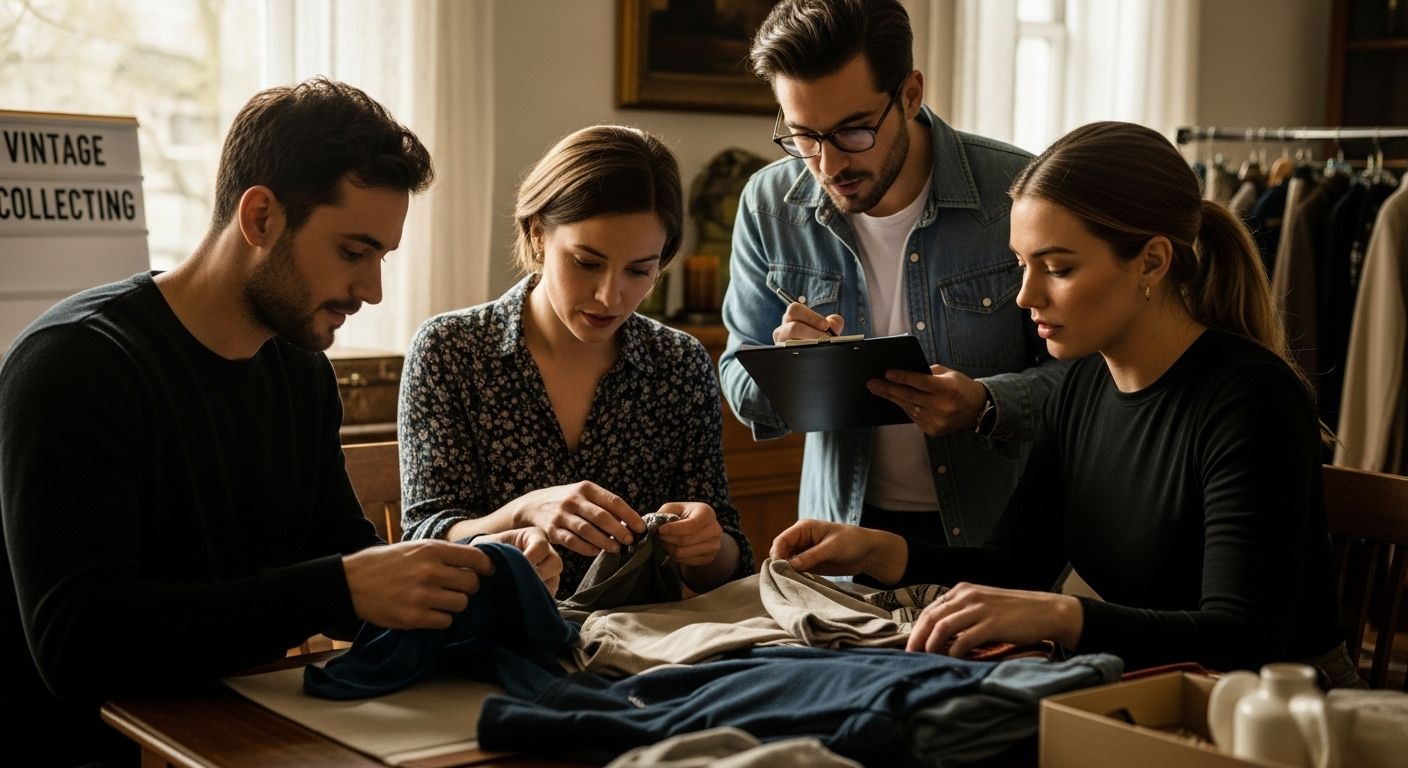 Four people examine vintage clothing at a table, one takes notes on a clipboard. Background shows "Vintage Collecting" sign.