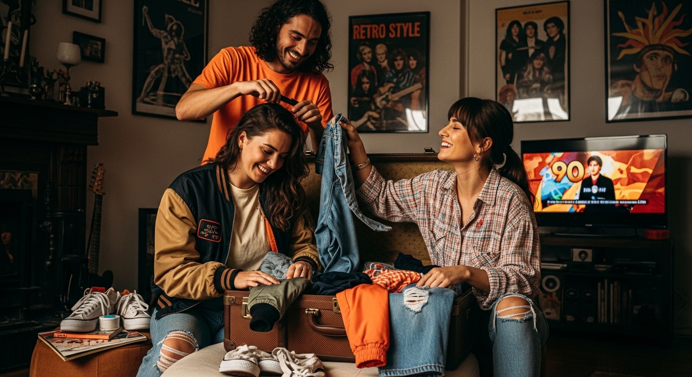 Three friends pack a suitcase in a cozy room with retro posters. One holds denim, and another smiles while styling hair. TV shows a "90" graphic.