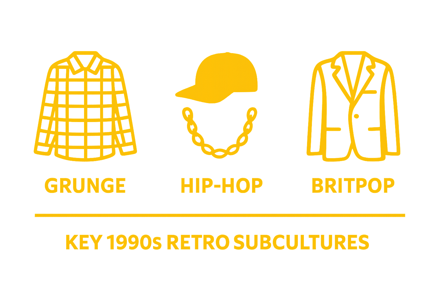 Side-by-side icons show grunge, hip-hop, and Britpop fashion