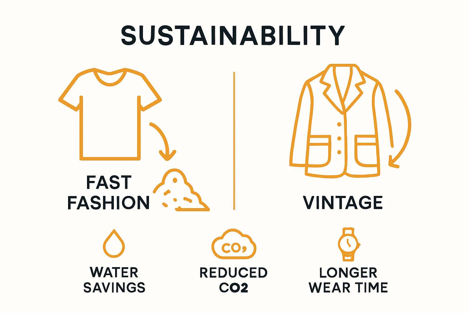 Side-by-side visual comparing sustainability impacts of vintage and fast fashion.
