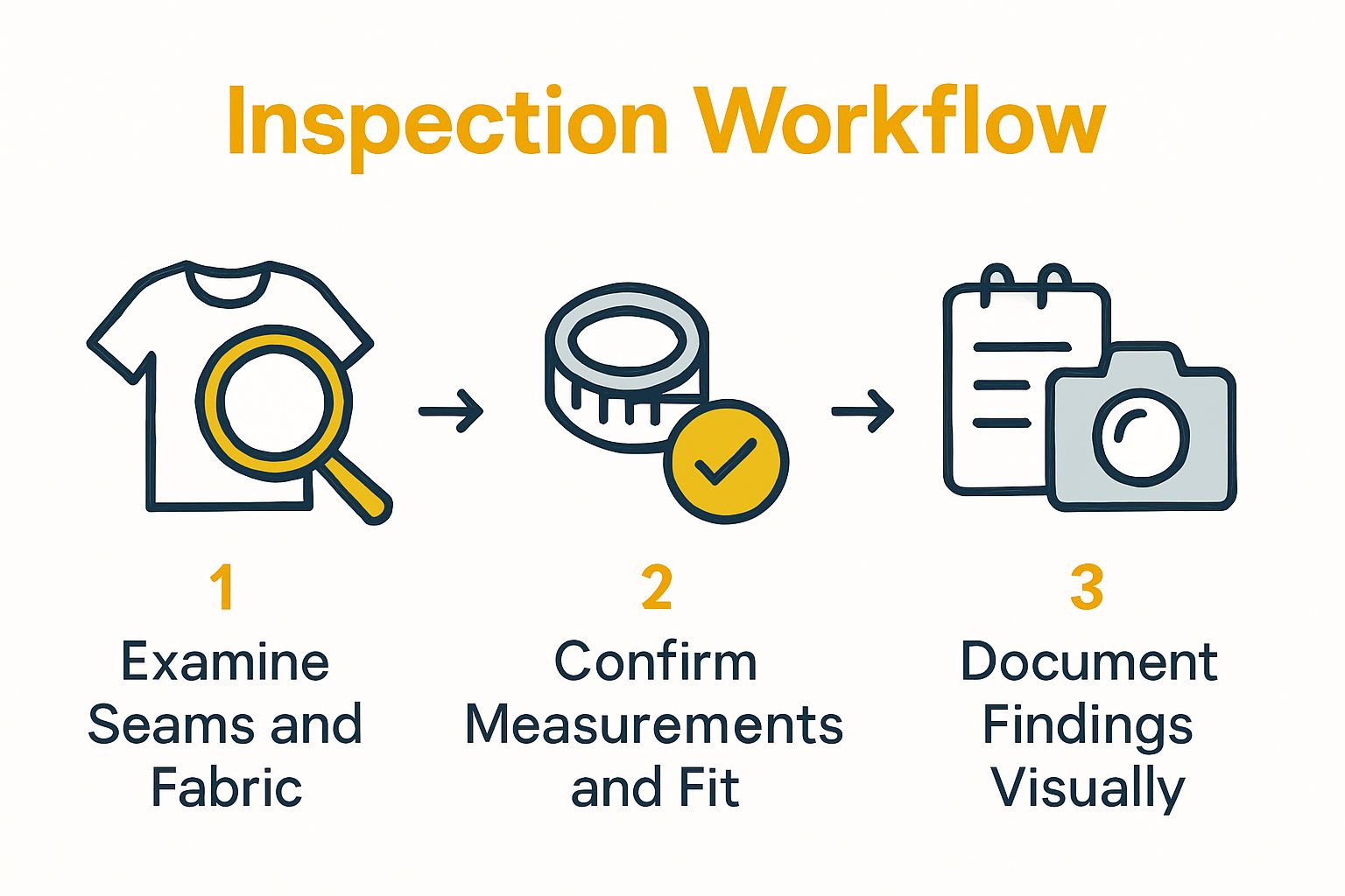 Infographic showing the three-step process for inspecting vintage clothing before purchase