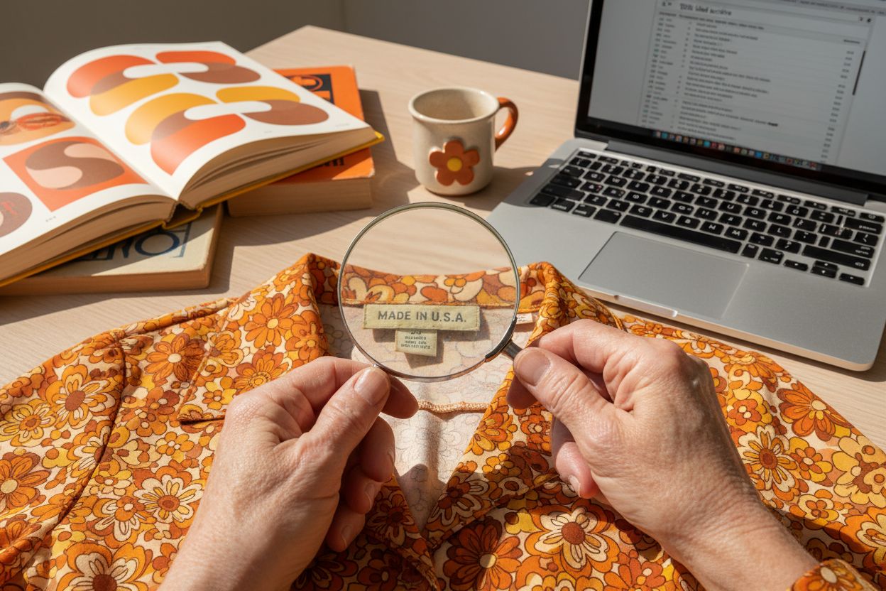 Hands hold a magnifying glass over a "Made in U.S.A." label on a floral shirt. Books, a mug, and a laptop are on the wooden table.