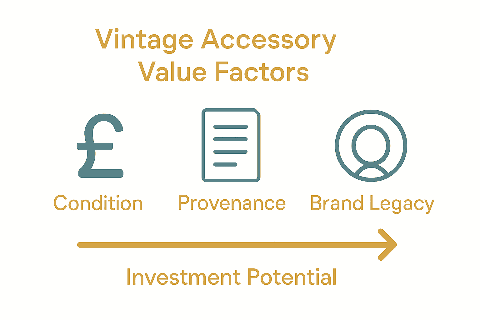Infographic comparing value factors for vintage accessories: condition, provenance, brand legacy.