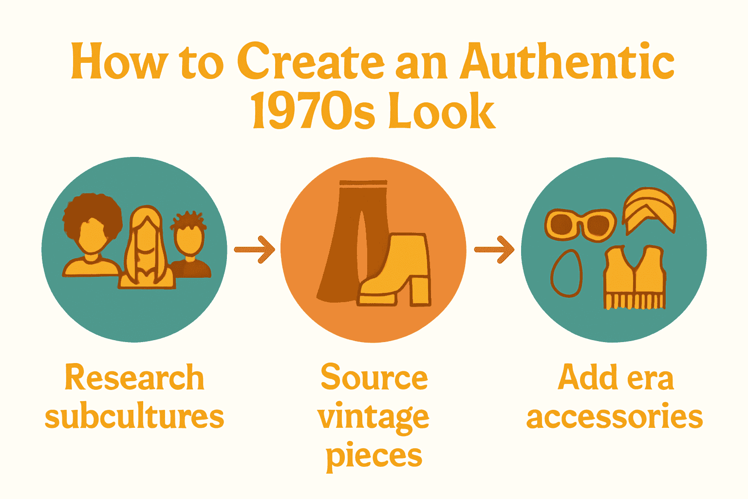Infographic showing three steps to an authentic 1970s outfit: research, shop vintage, accessorize.