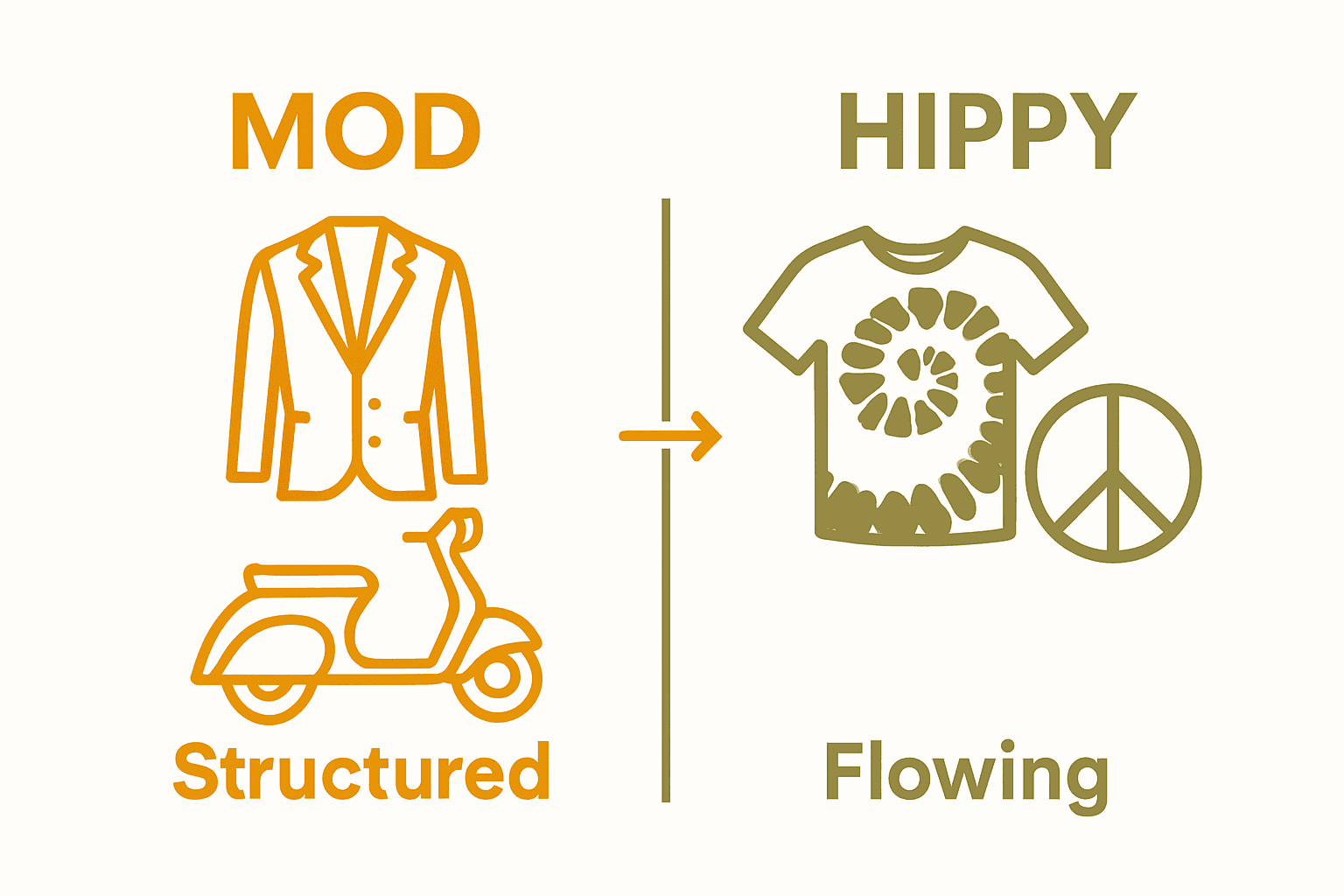 Infographic comparing Mod and Hippy 1960s fashion with icons and descriptors.
