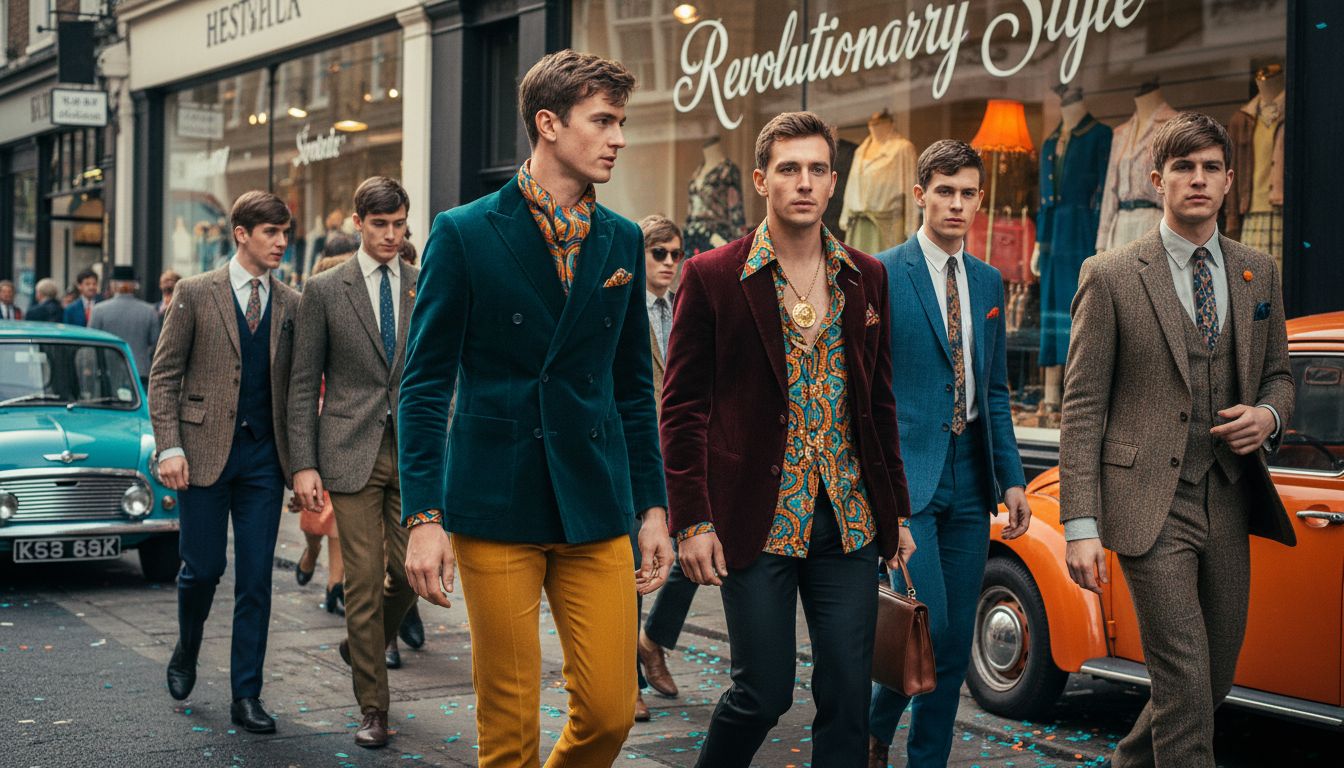 Men in colorful 1960s Peacock Revolution outfits