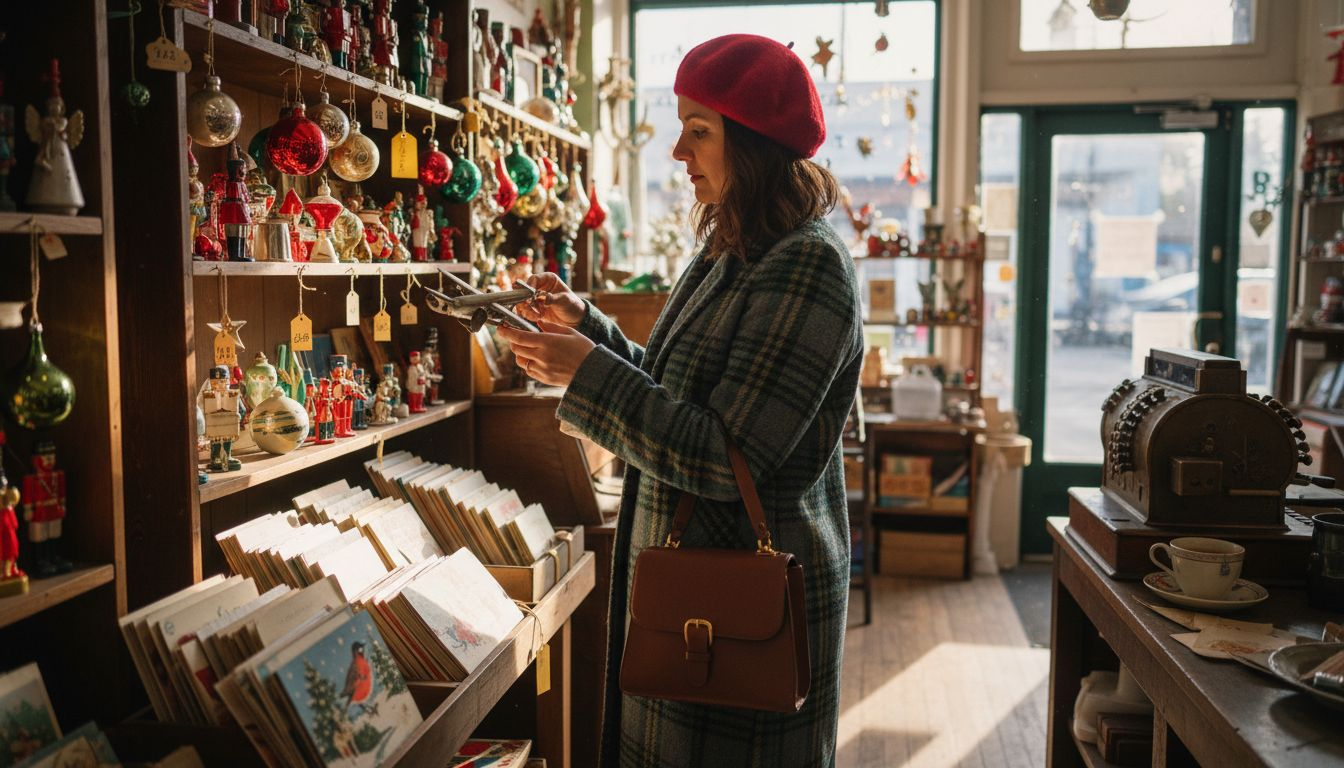 Woman browsing vintage Christmas decorations