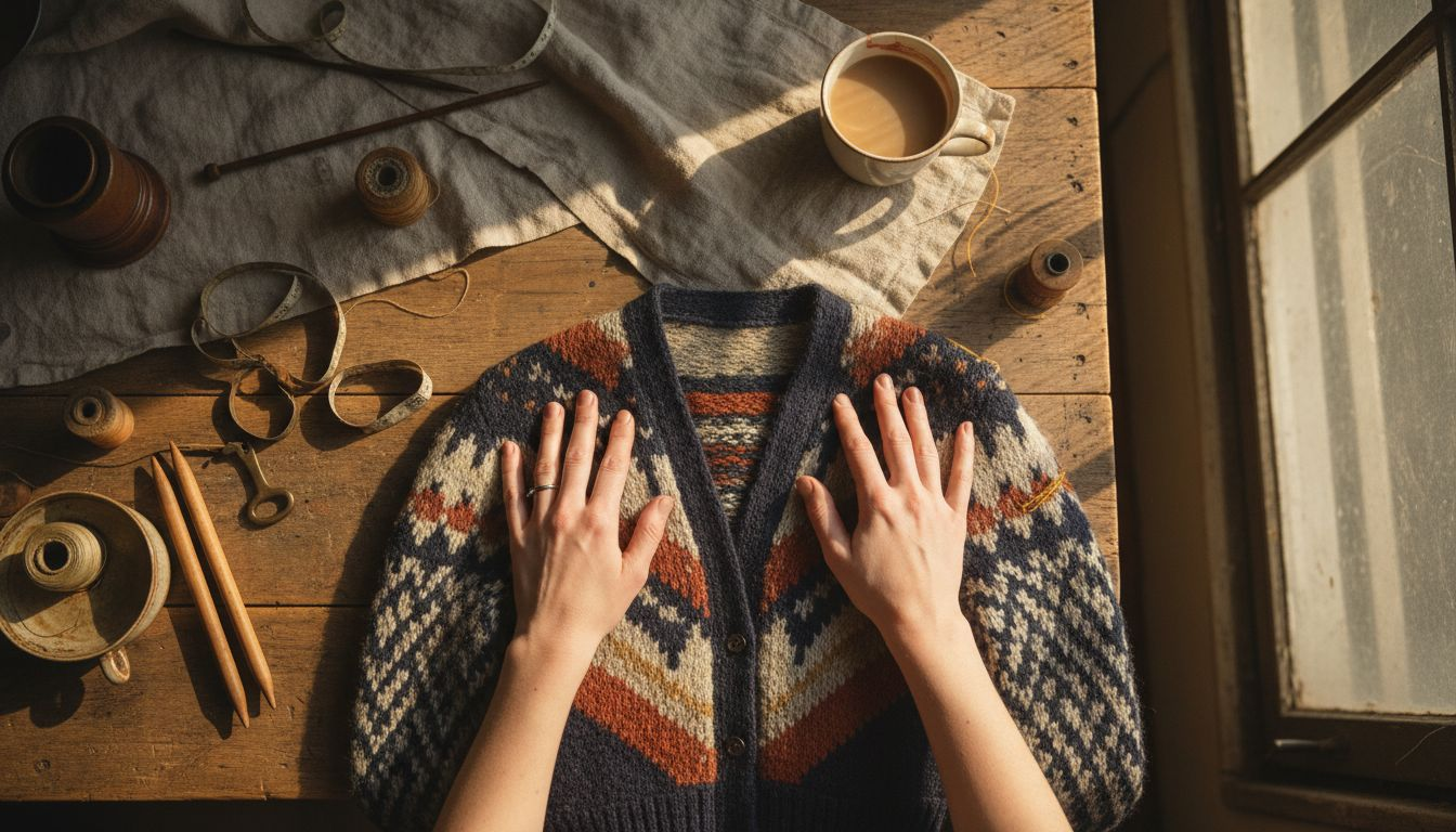 Hands inspecting intricate vintage knitwear