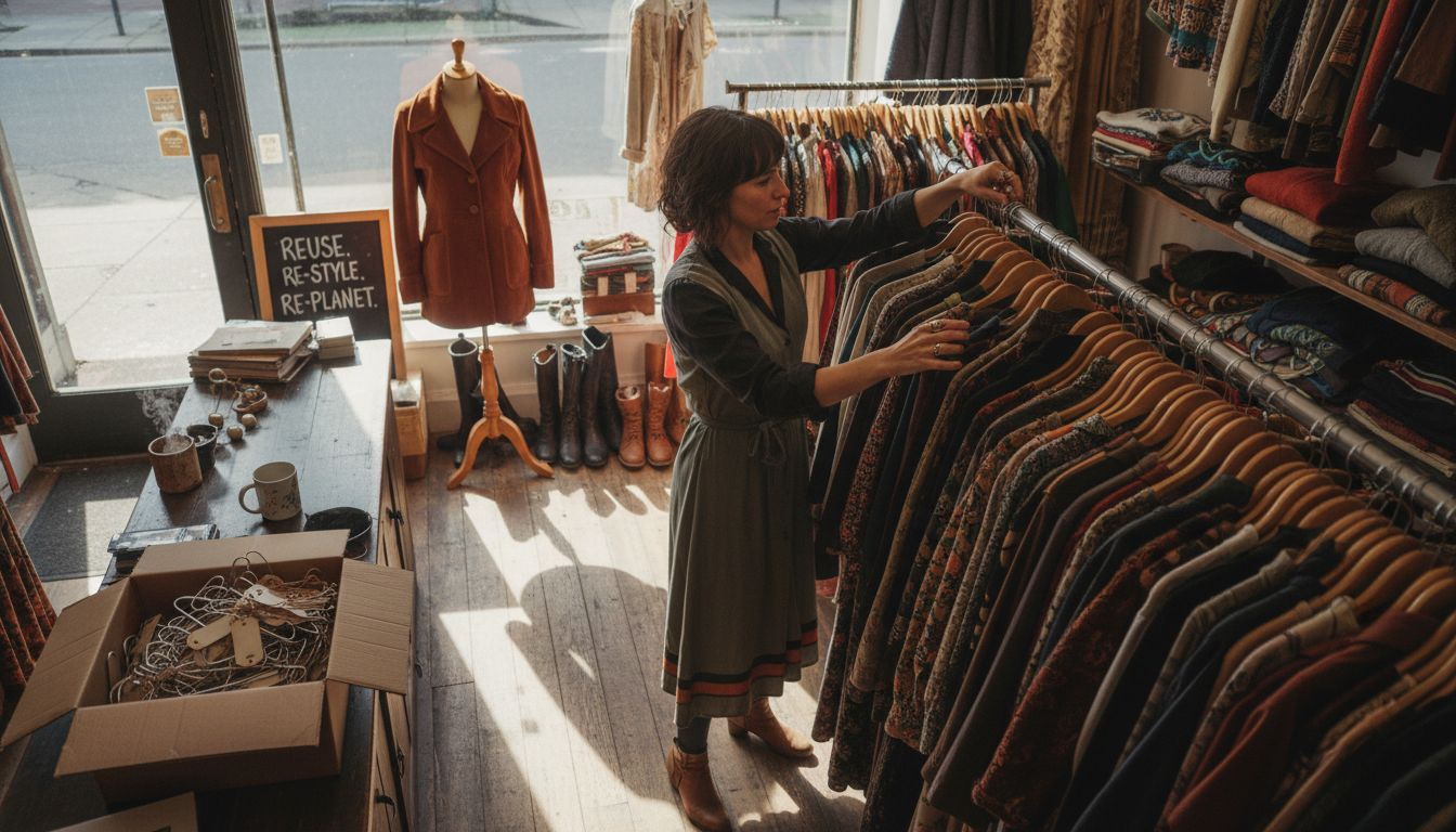 Store manager organizes vintage clothing rack