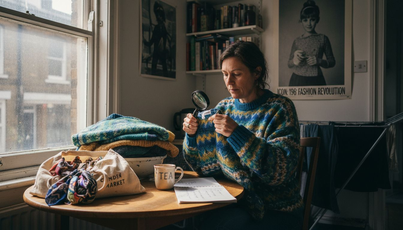 Vintage buyer checks clothing for authenticity at home