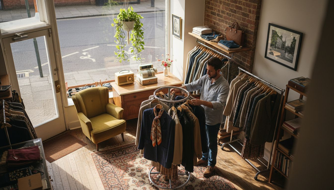 Vintage shopkeeper arranges sustainable clothing rack