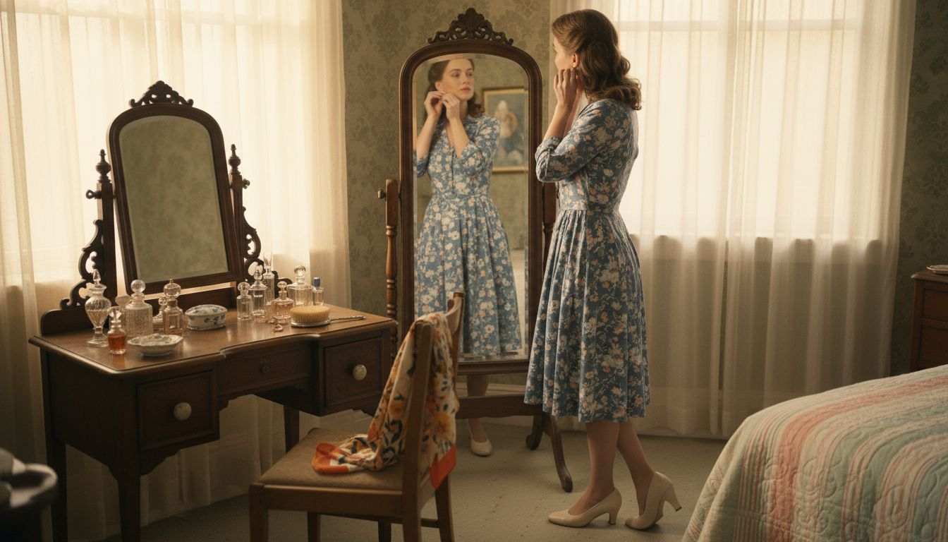 Woman accessorising vintage outfit at mirror