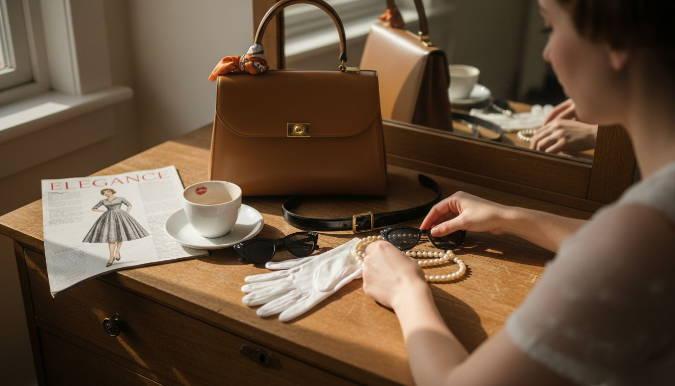 Close-up vintage 1950s accessories on dresser