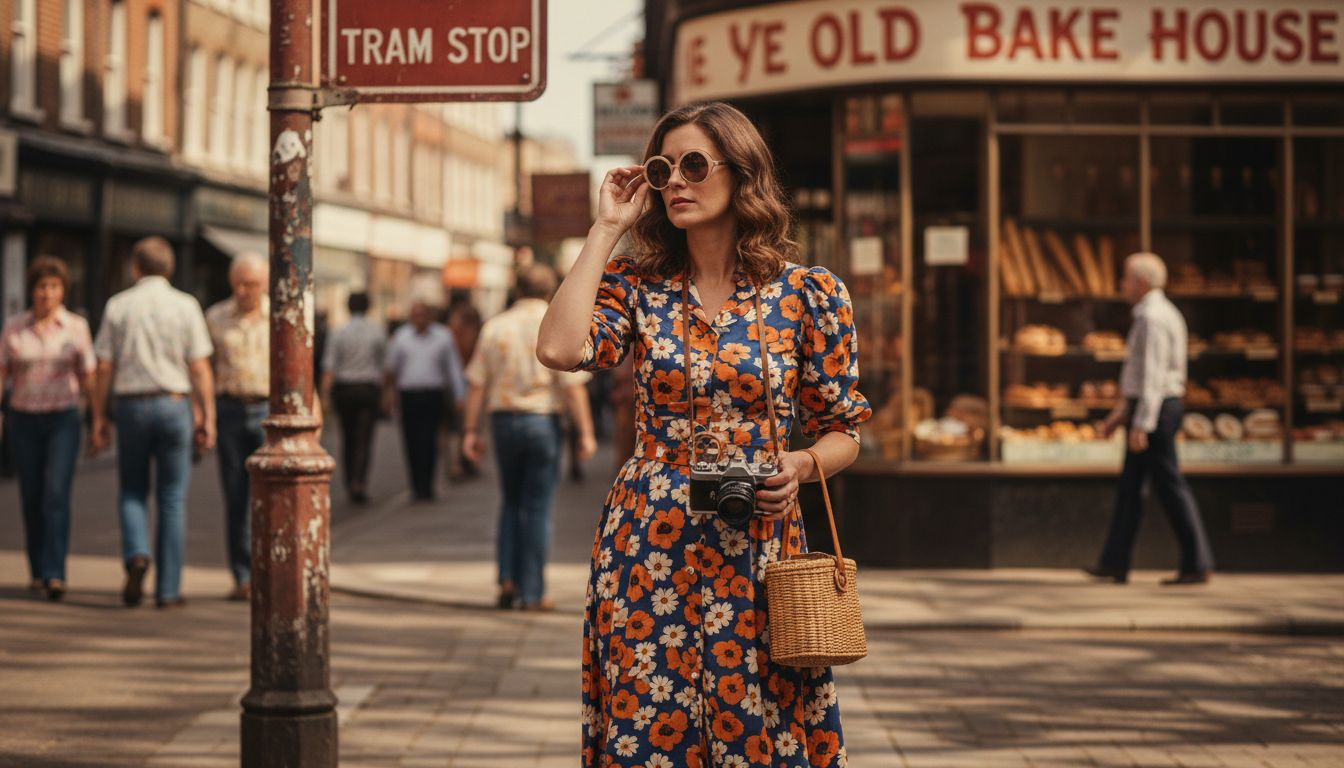 Woman wearing vintage dress on city street