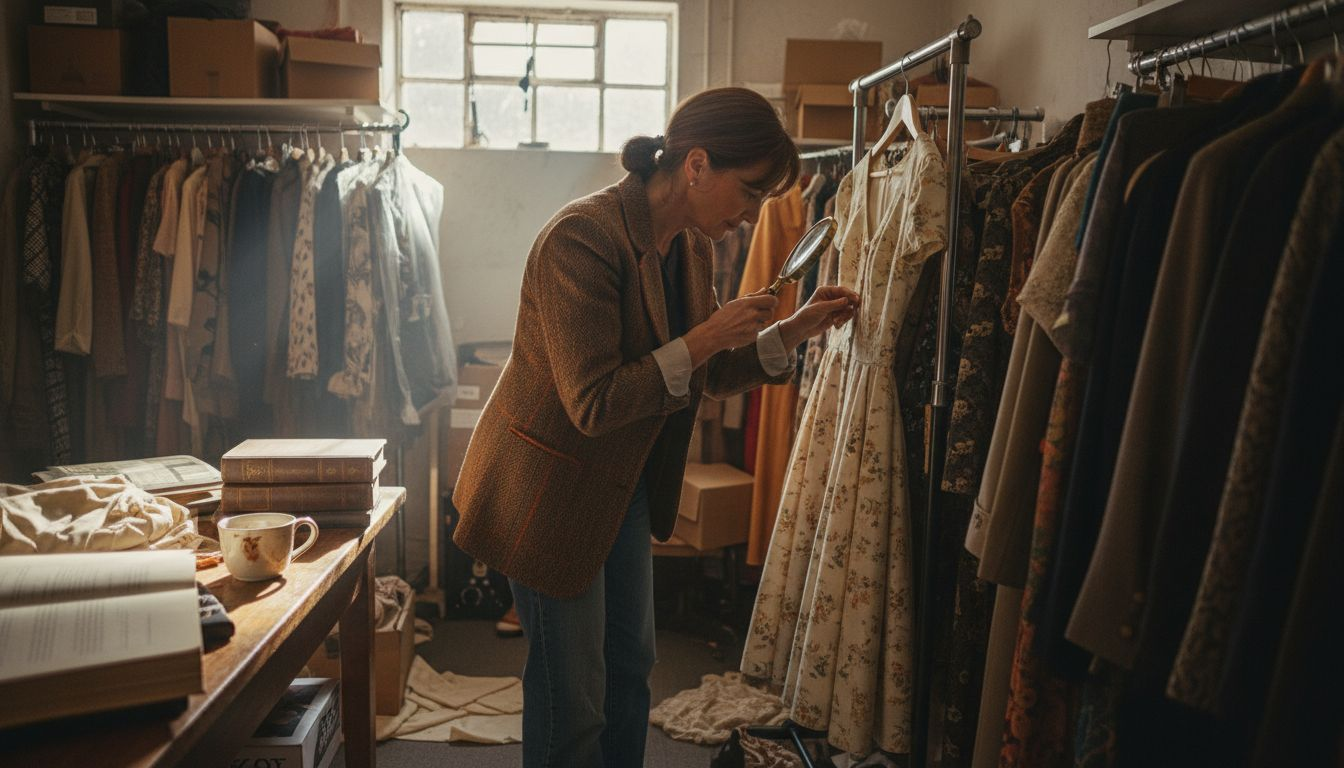 Expert evaluating vintage clothing rack