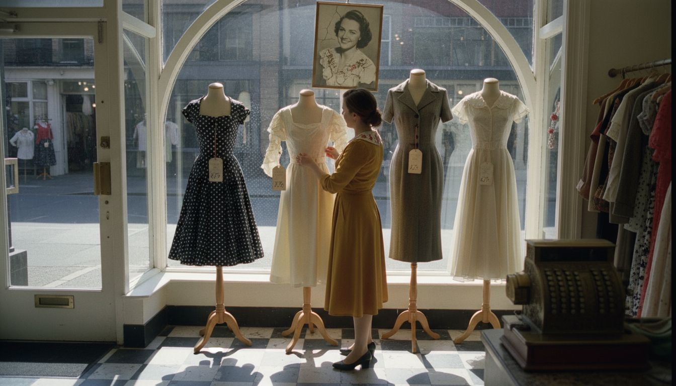 Boutique staff arranging 1950s vintage display