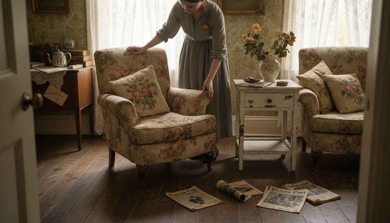 Woman arranging vintage shabby chic living room
