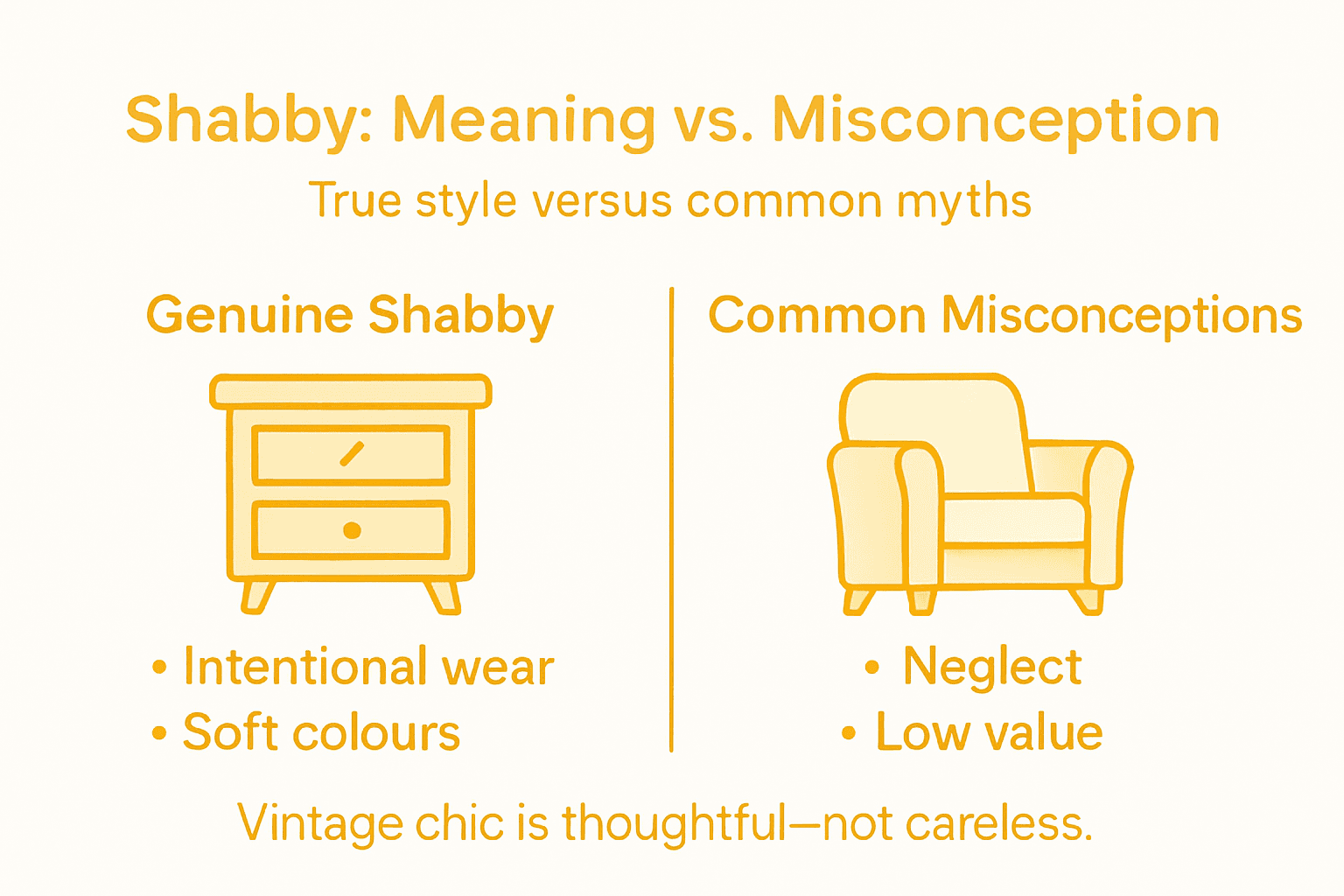 Infographic contrasting true shabby style and misconceptions