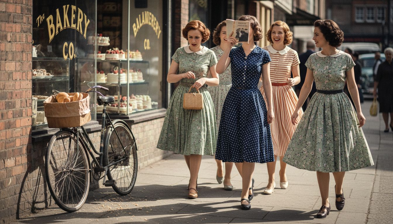 Women wearing 1950s tea dresses on city sidewalk