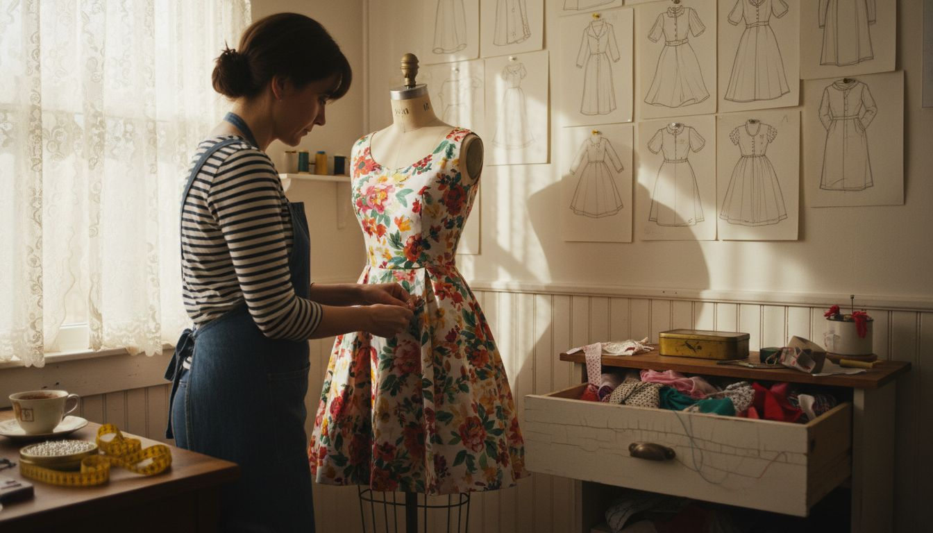 Seamstress fitting 1950s floral dress on mannequin