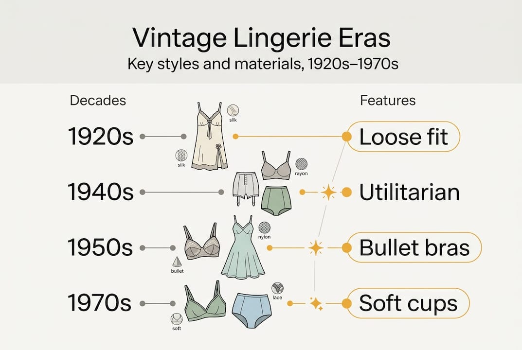 Infographic summarizing vintage lingerie by decade and features