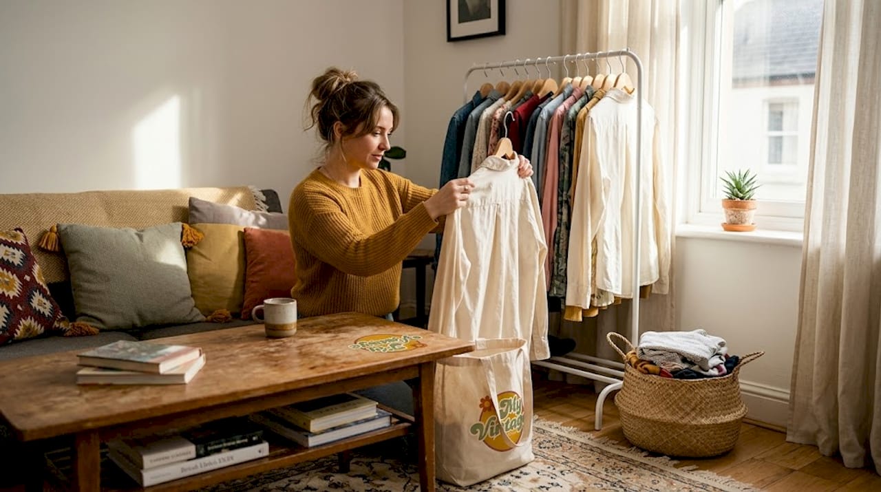 Woman sorting through clothes in sunlit apartment. She has a tote bag printed with the 'My Vintage' logo.