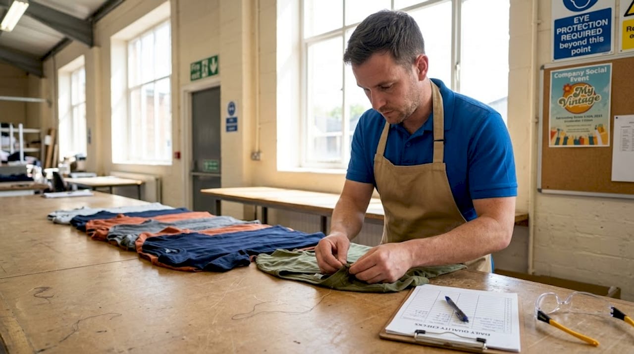 Worker inspects garments in certified factory