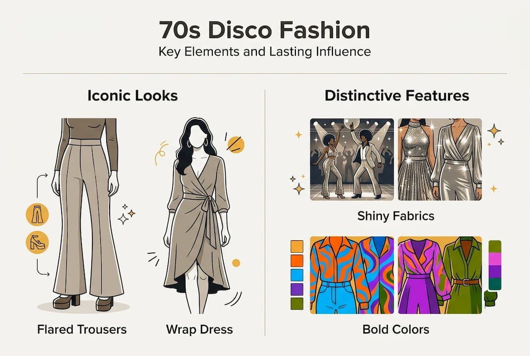 Infographic showing classic 70s disco fashion elements
