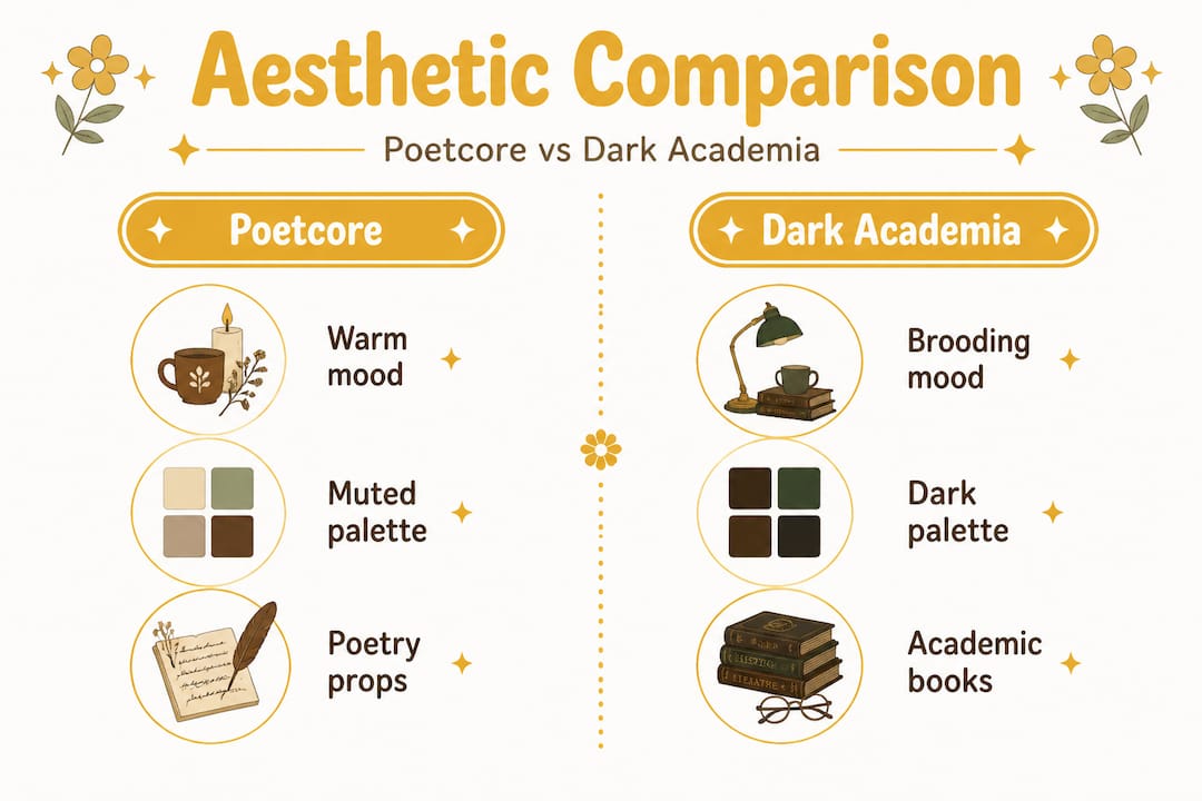 Infographic comparing poetcore and dark academia styles
