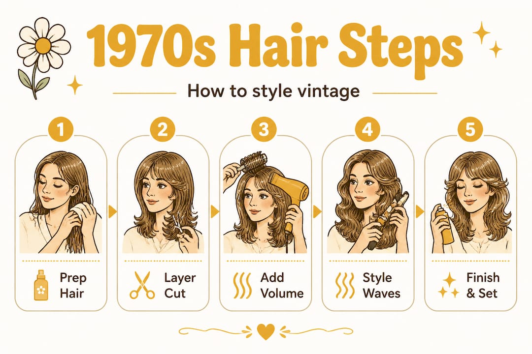 Infographic with five steps for styling 1970s hair