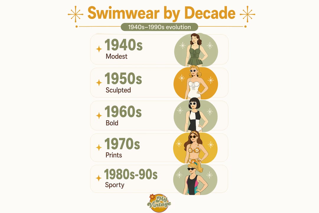 Infographic showing vintage swimwear style timeline by decade