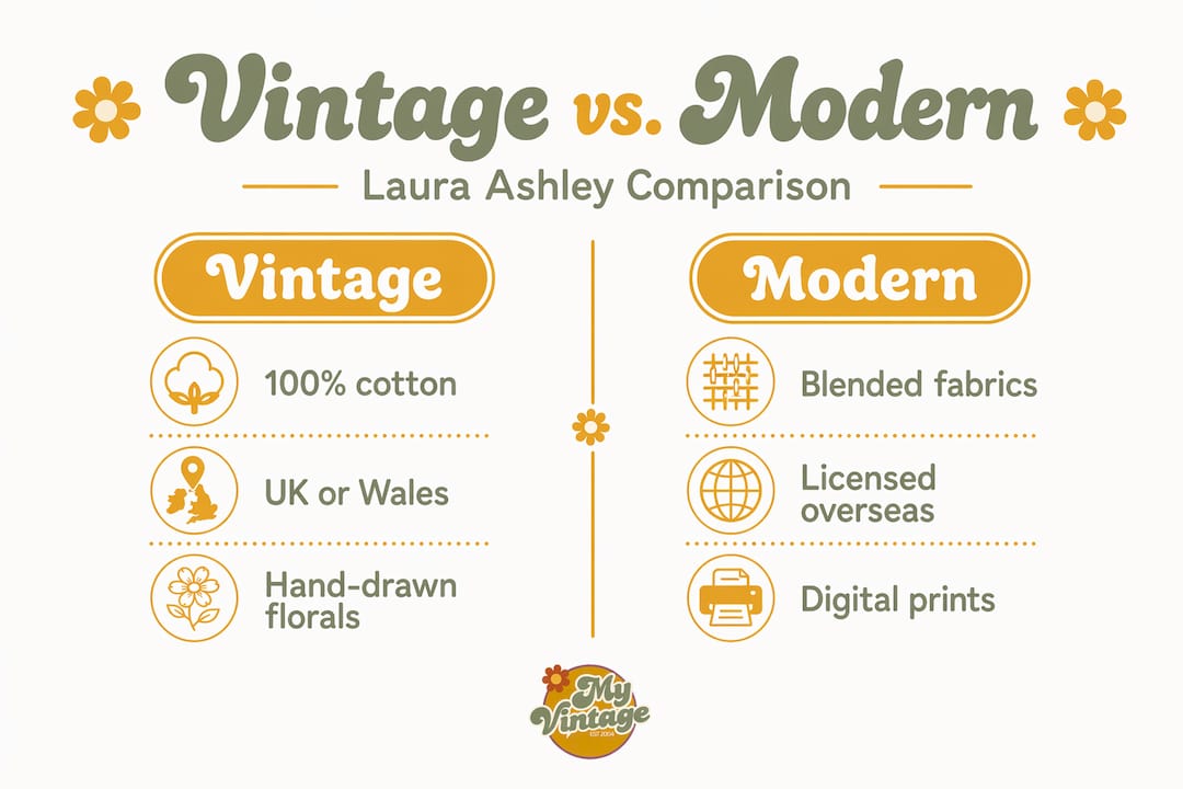 Infographic comparing vintage and modern Laura Ashley features