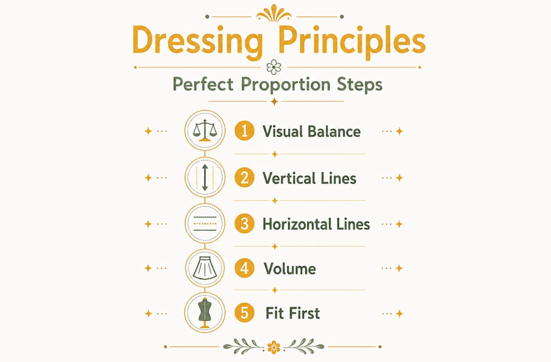 Infographic showing five body dressing principles in a vertical flow