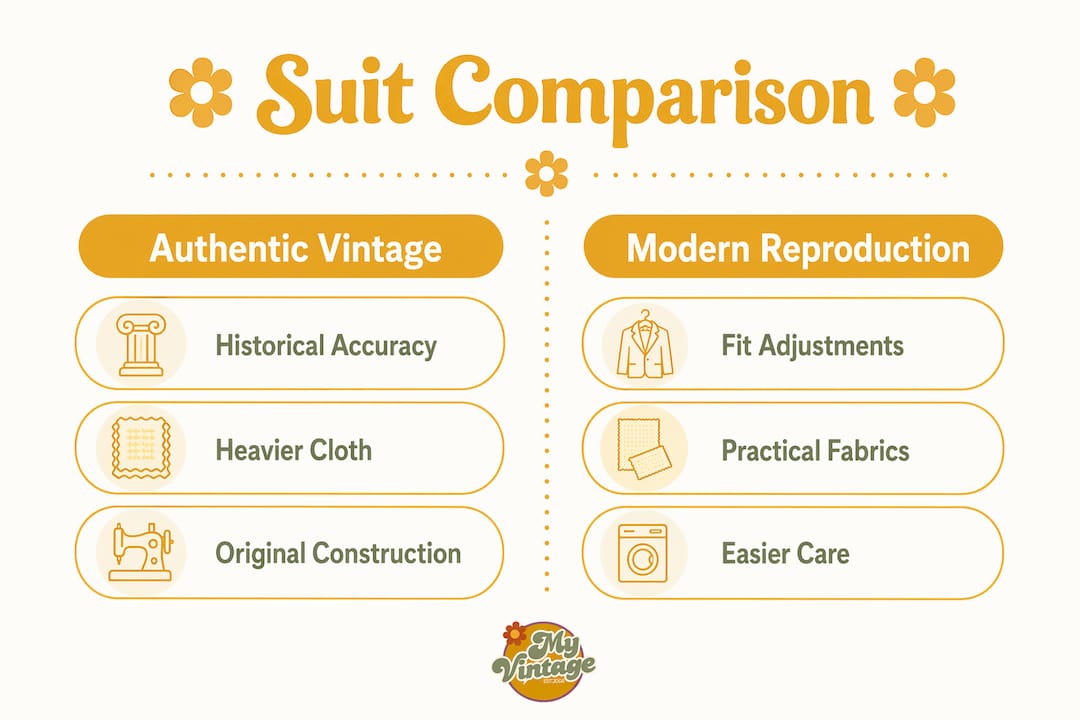 Infographic comparing authentic vintage and modern reproduction suits