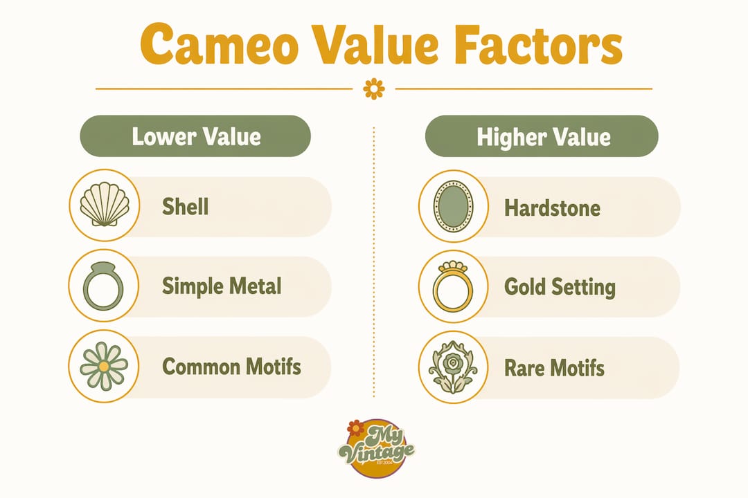 Infographic showing factors affecting vintage cameo value in two categories