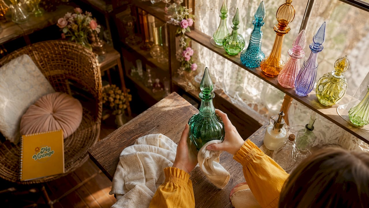 Hands cleaning vintage genie bottles on shelf