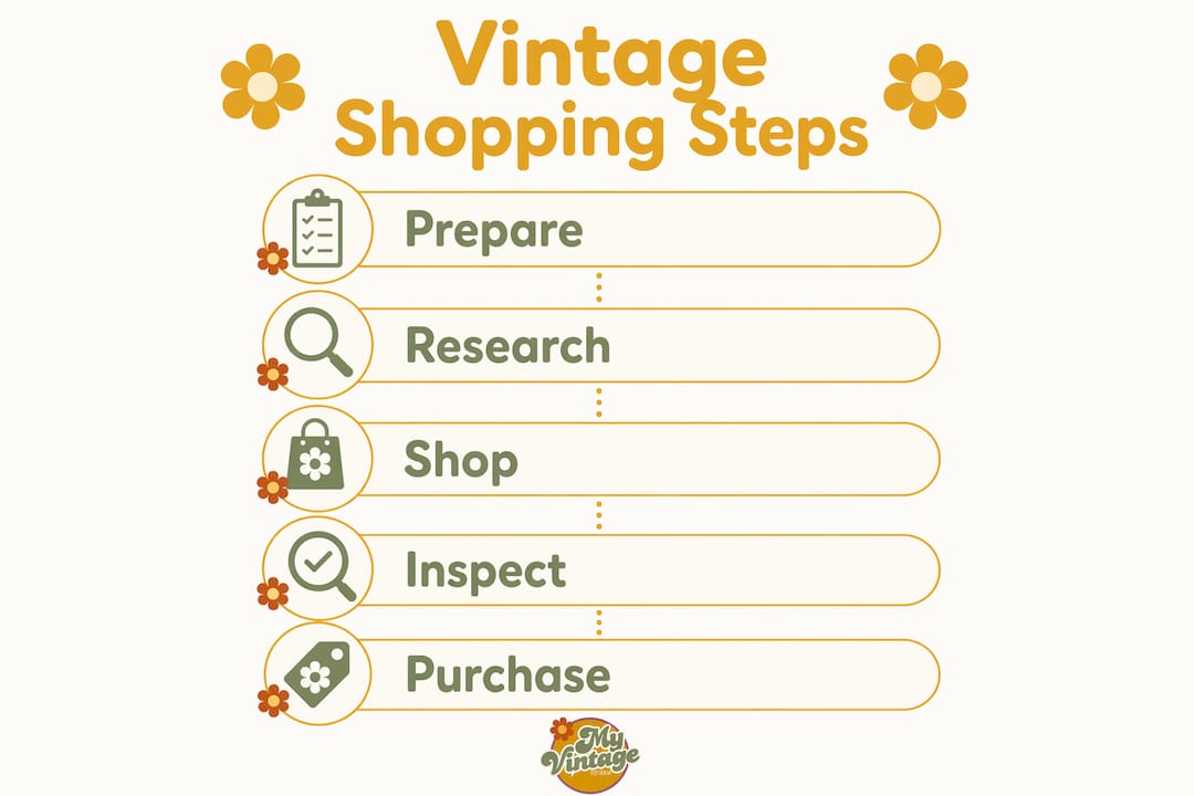Infographic illustrating step-by-step vintage shopping guide