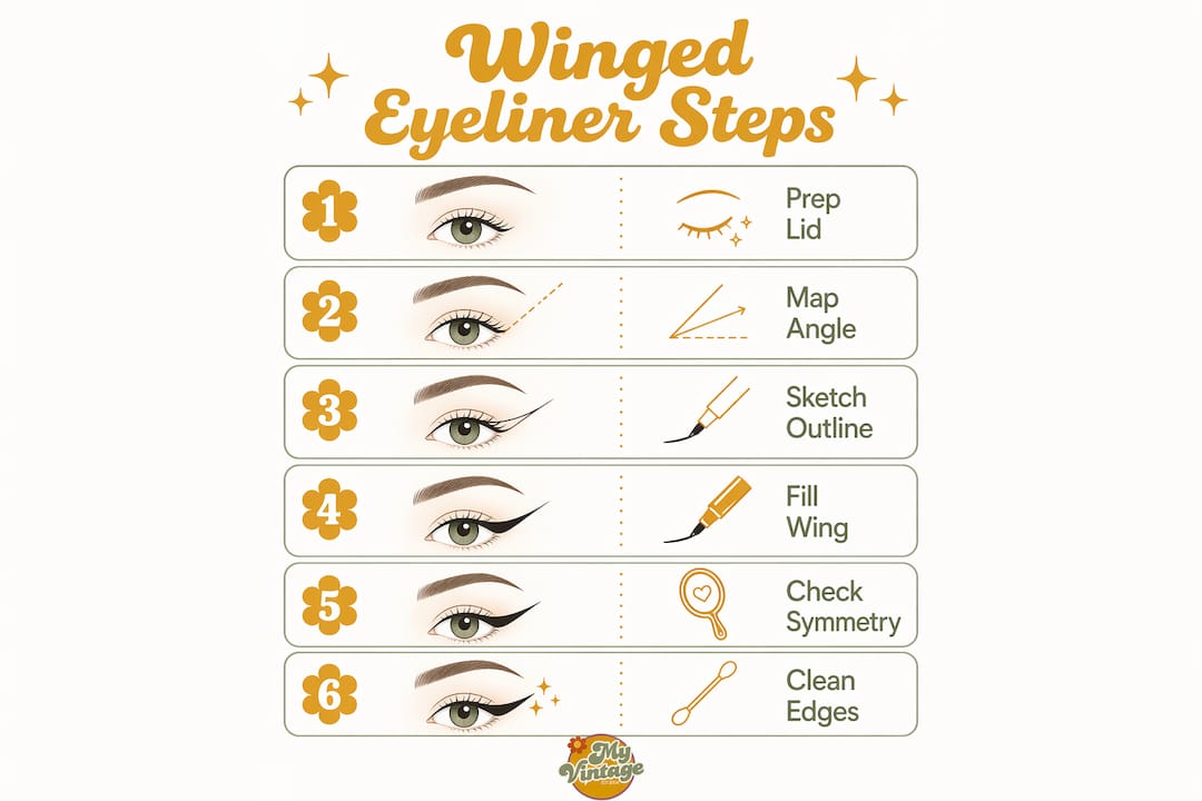 Infographic showing winged eyeliner step-by-step guide