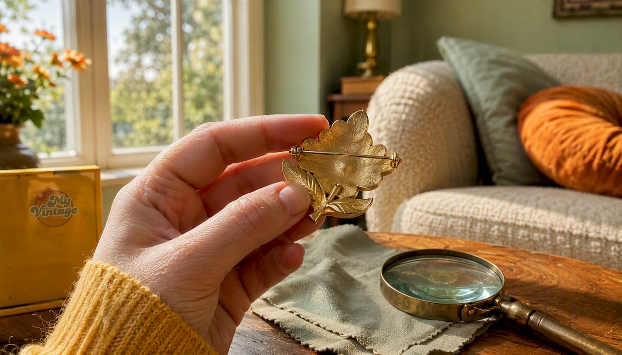 Close-up of Sarah Coventry brooch marks inspection